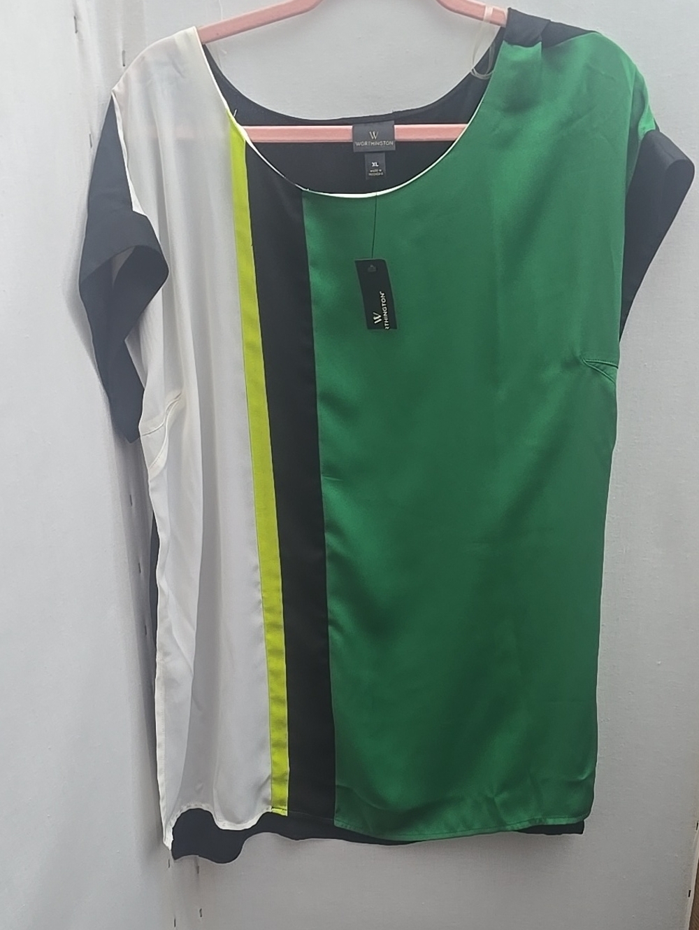 W by Worth Green, White & Neon Yellow Colorblock Short Sleeve Tunic